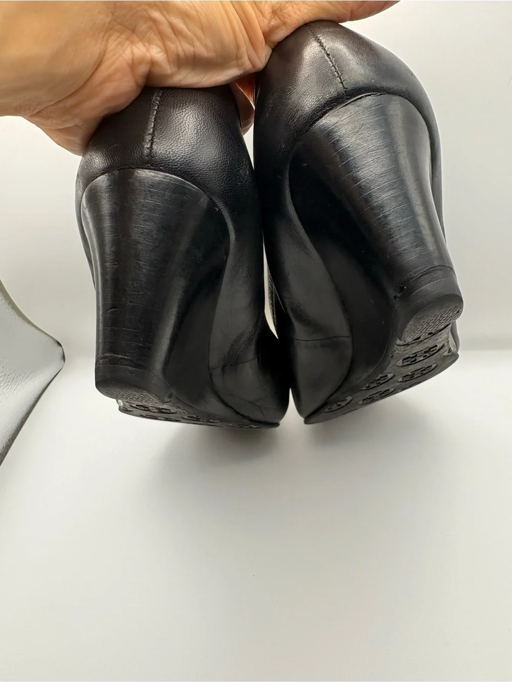 Tory Burch Black Leather Heels with Gold Logo Medallion